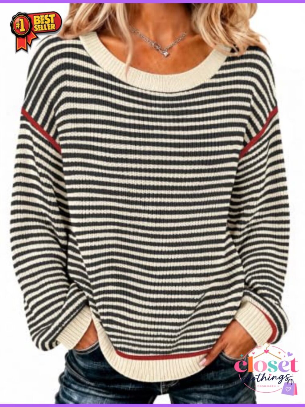 Womens Oversized Striped Sweater Crew Neck Off Shoulder Long Sleeve Pullover